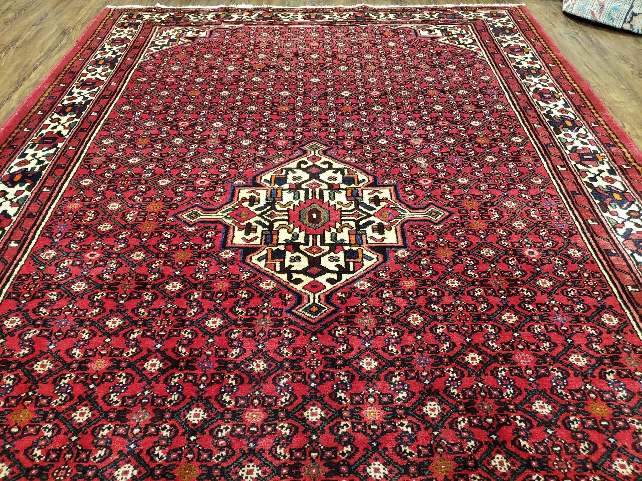 Vintage Persian Hamedan Rug 7x10, Angelas Mahi Pattern, Red, Wool, Hand-Knotted by Jewel Rugs