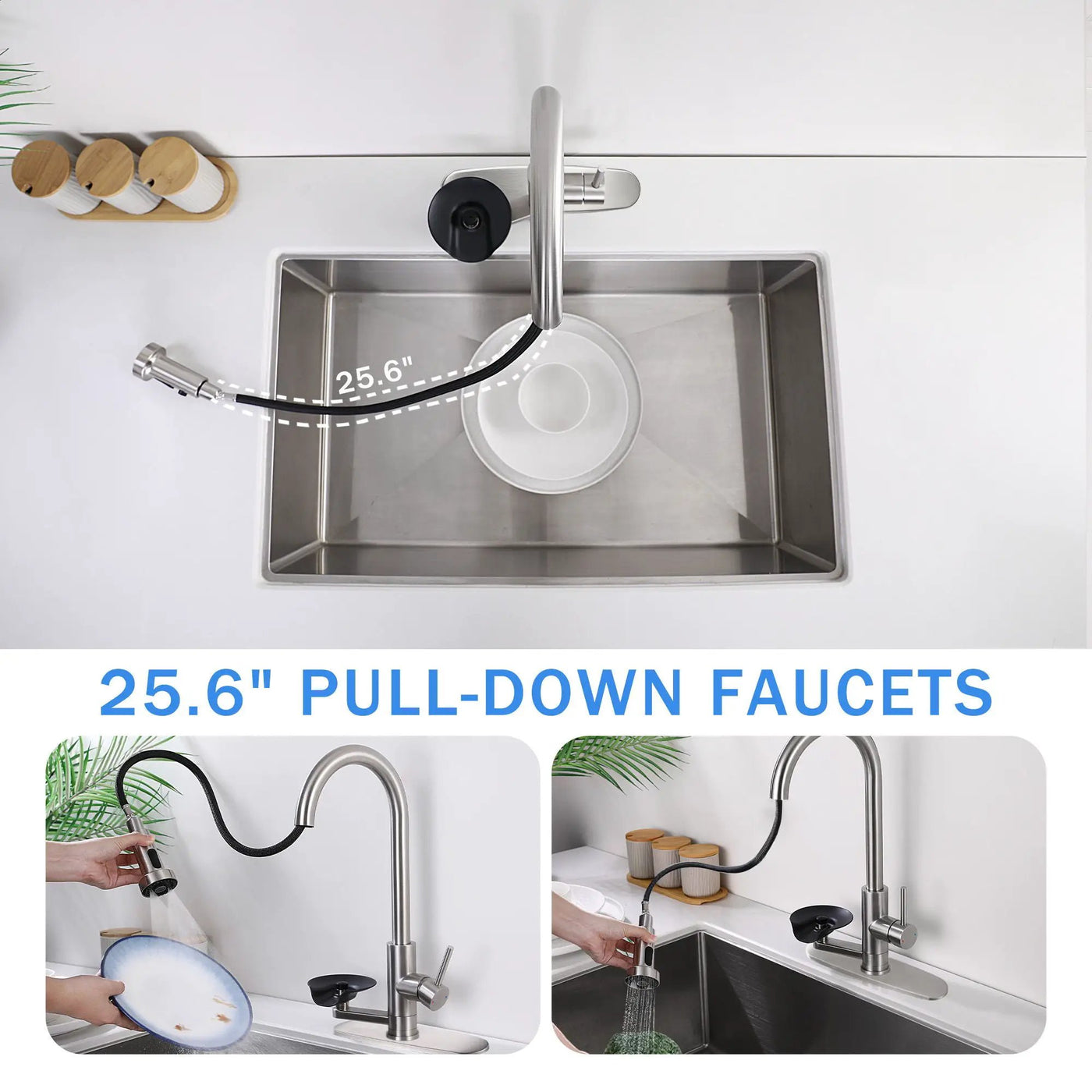 3 In 1 Kitchen Faucet With Press Type Glass Rinser, High Arc Pull Down Sprayer by HouseOfZazla