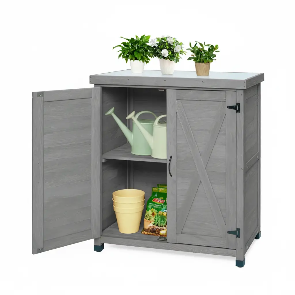 Potting Bench with Storage Cabinet and Metal Table Top by HouseOfZazla