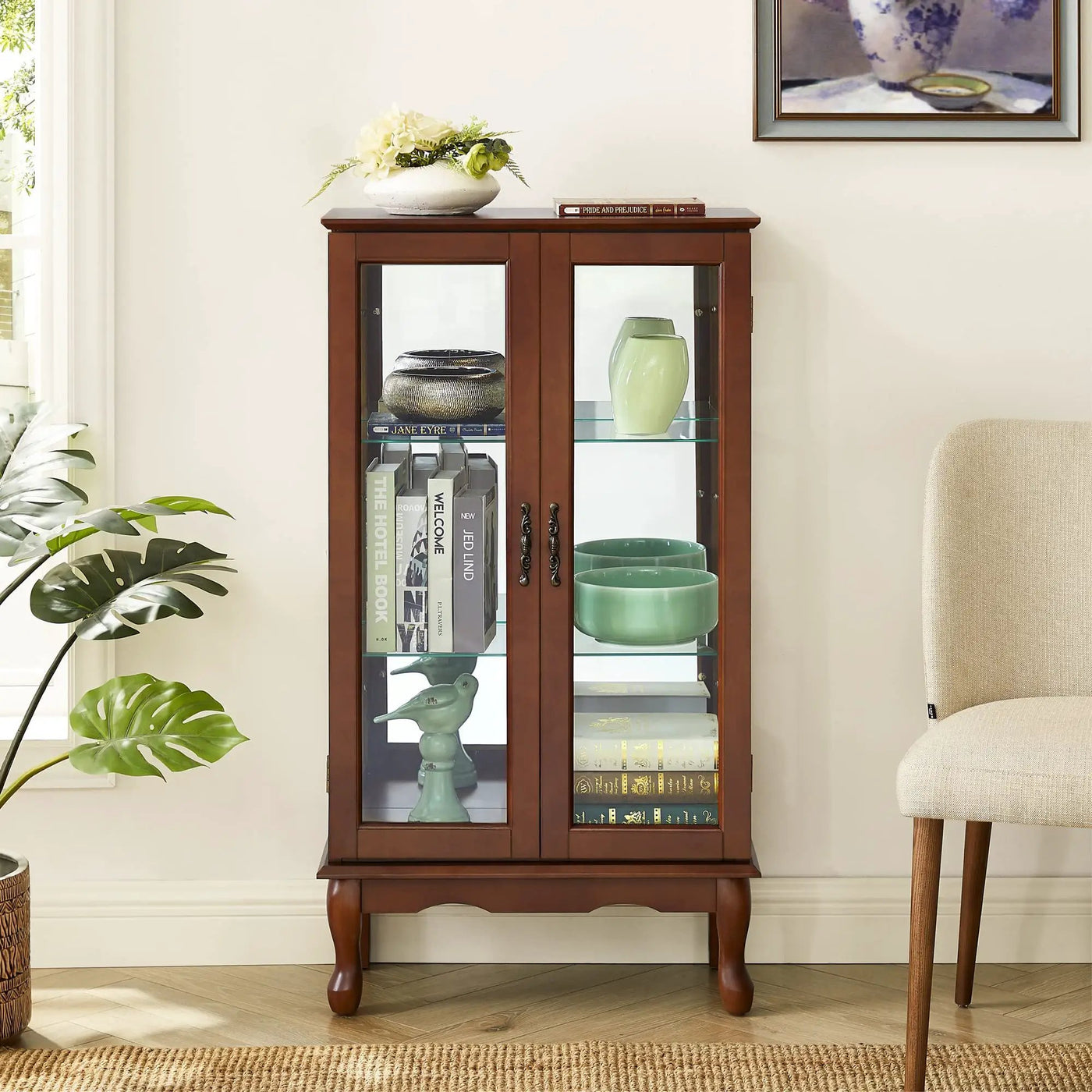 Curio Cabinet Lighted Curio Diapaly Cabinet With Adjustable Shelves And Mirrored Back Panel, Tempered Glass Doors (3 Tier), (E26 Light Bulb Not Included) by HouseOfZazla