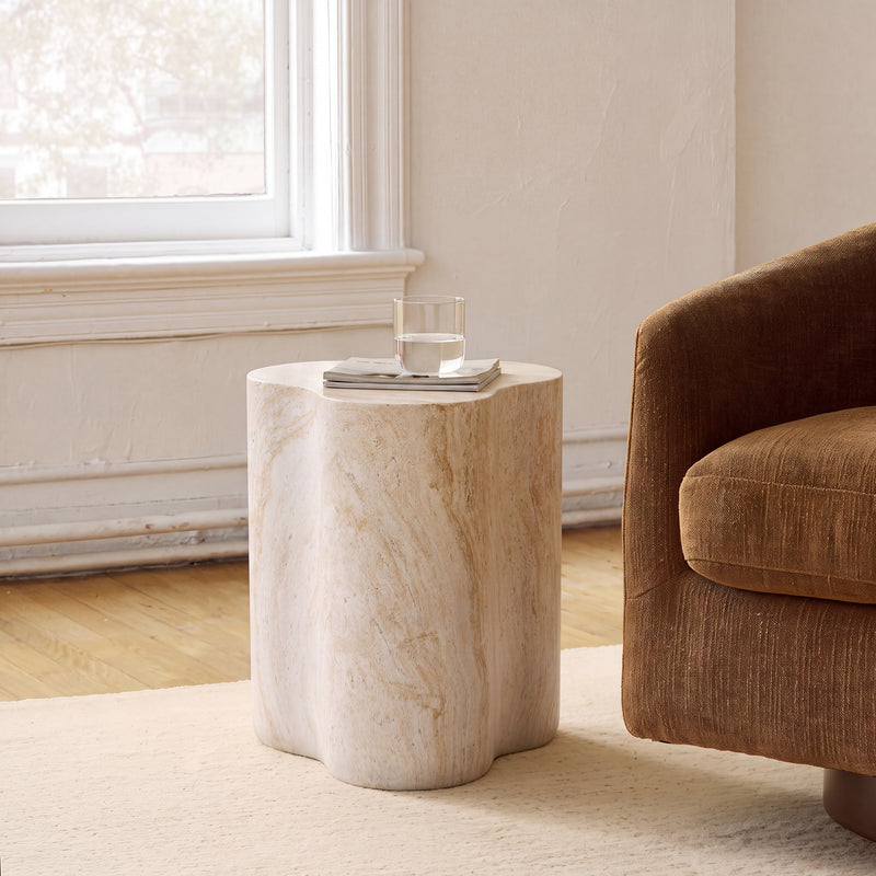 Organic Travertine-Look MGO Side Table with Weather Resistance - Neutral, photo 2 of 10