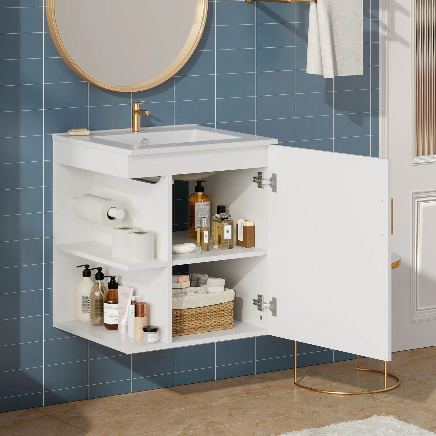 Modern Wall Mounted Bathroom Cabinet With Side Shelf And Ceramic Sink by HouseOfZazla