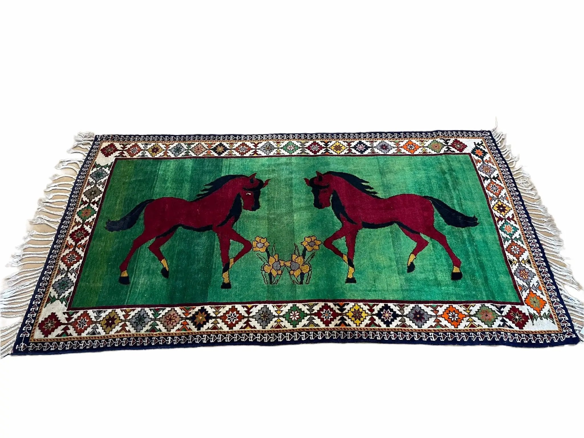 4 X 7 Handmade Rug Zagros Quality Wool Pictorial Horses Green Butterfly Colorful by Jewel Rugs