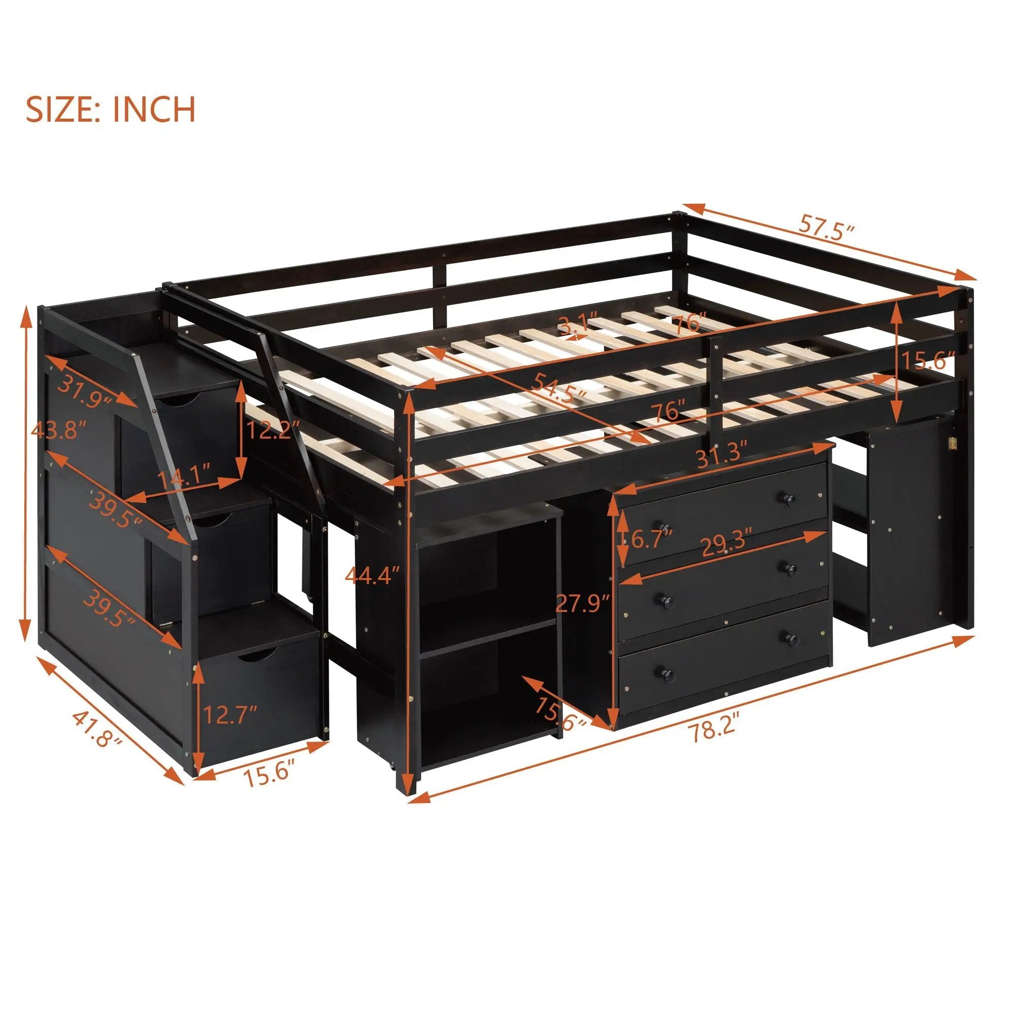 Loft Bed With Retractable Writing Desk And 3 Drawers With Storage Stairs And Shelves by Unique Piece Furniture