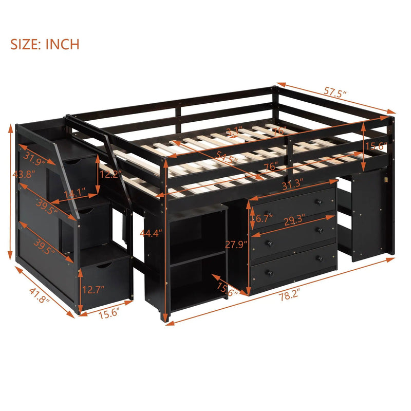 Loft Bed With Retractable Writing Desk And 3 Drawers With Storage Stairs And Shelves by HouseOfZazla