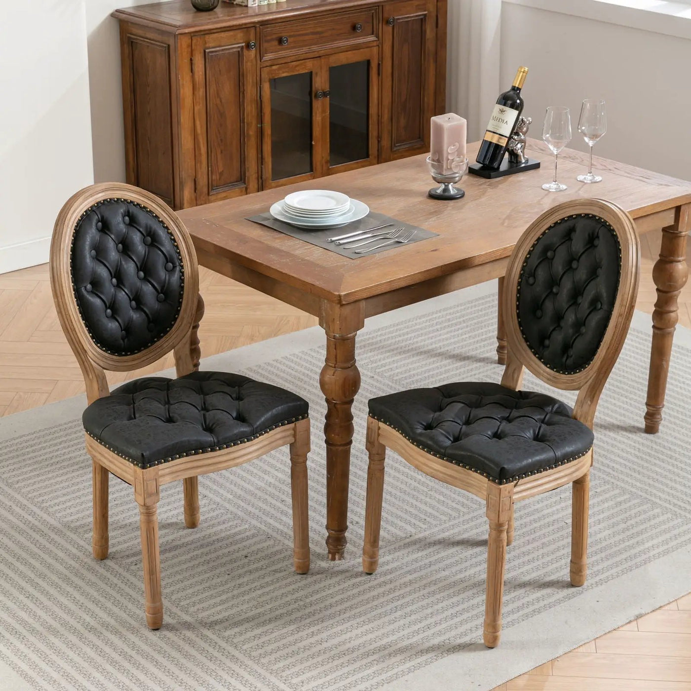 French Style Solid Wood Frame Antique Painting, Hand-Pulled Buckle Decoration Artificial Dining Chair With Nailhead Trim, Wood Legs by HouseOfZazla