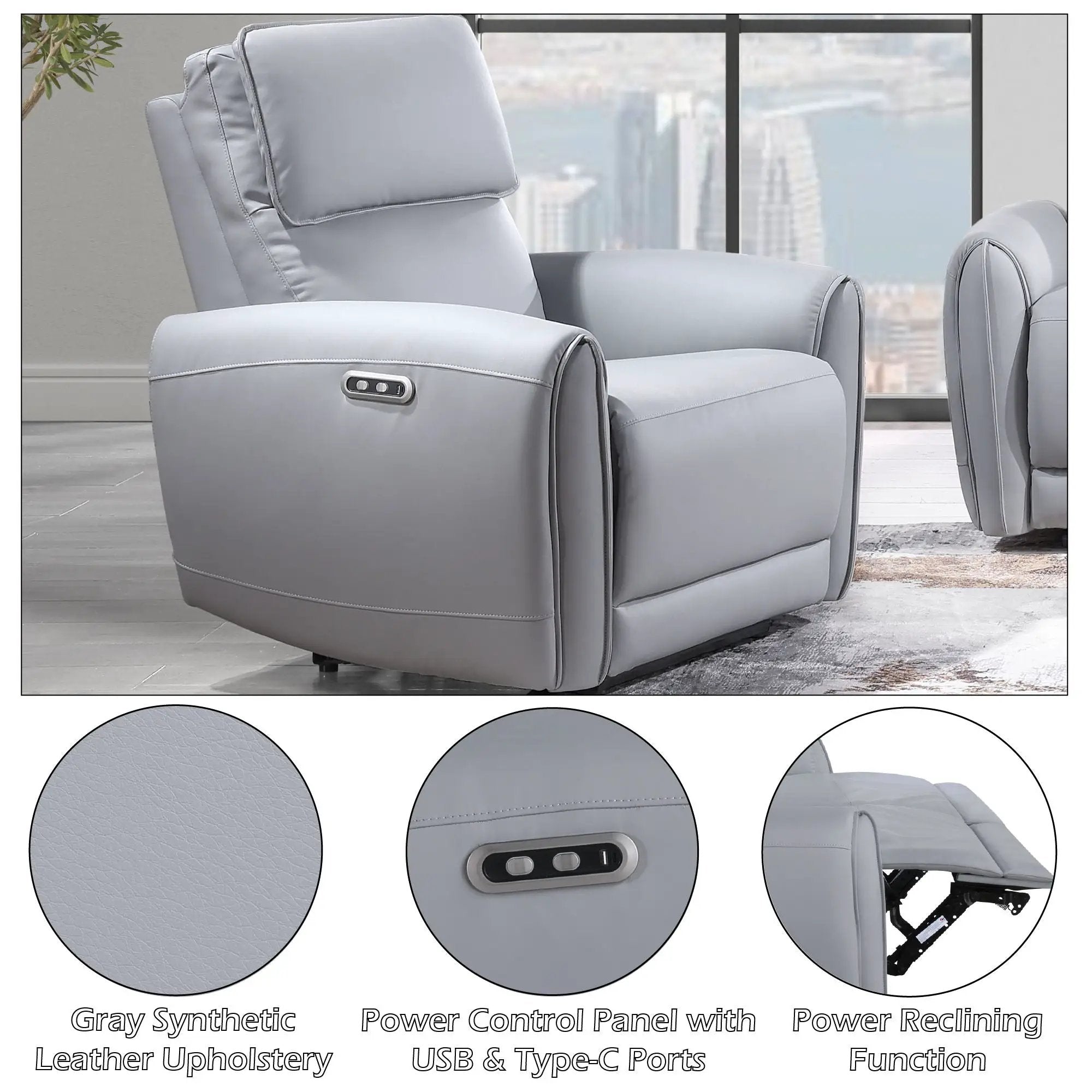 Jeromie - Power Motion Recliner With USB Port - Gray by Unique Piece Furniture