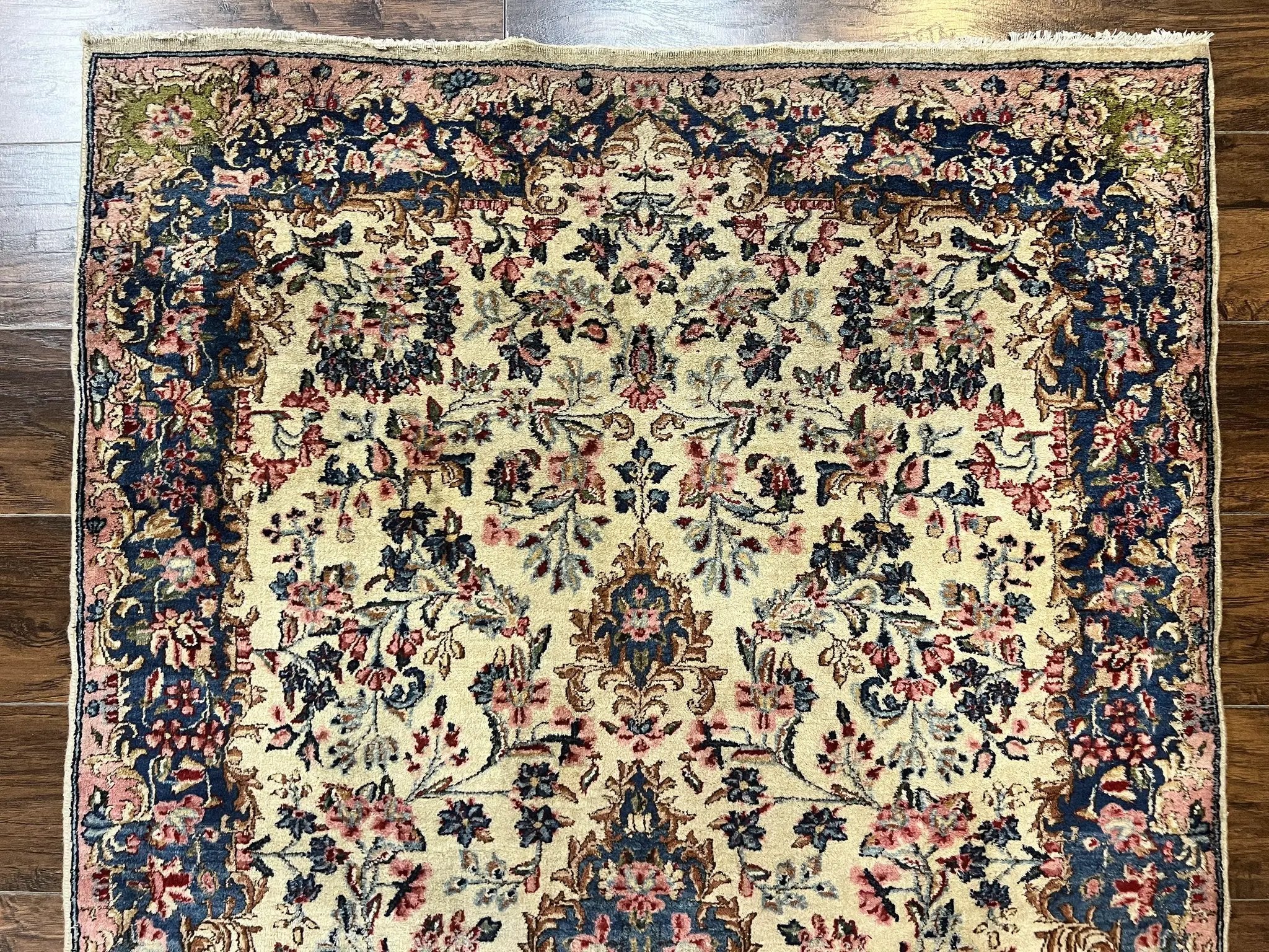 Antique Persian Kirman Rug 4x7, Cream and Navy Blue, Hand Knotted Wool Floral Carpet by Jewel Rugs
