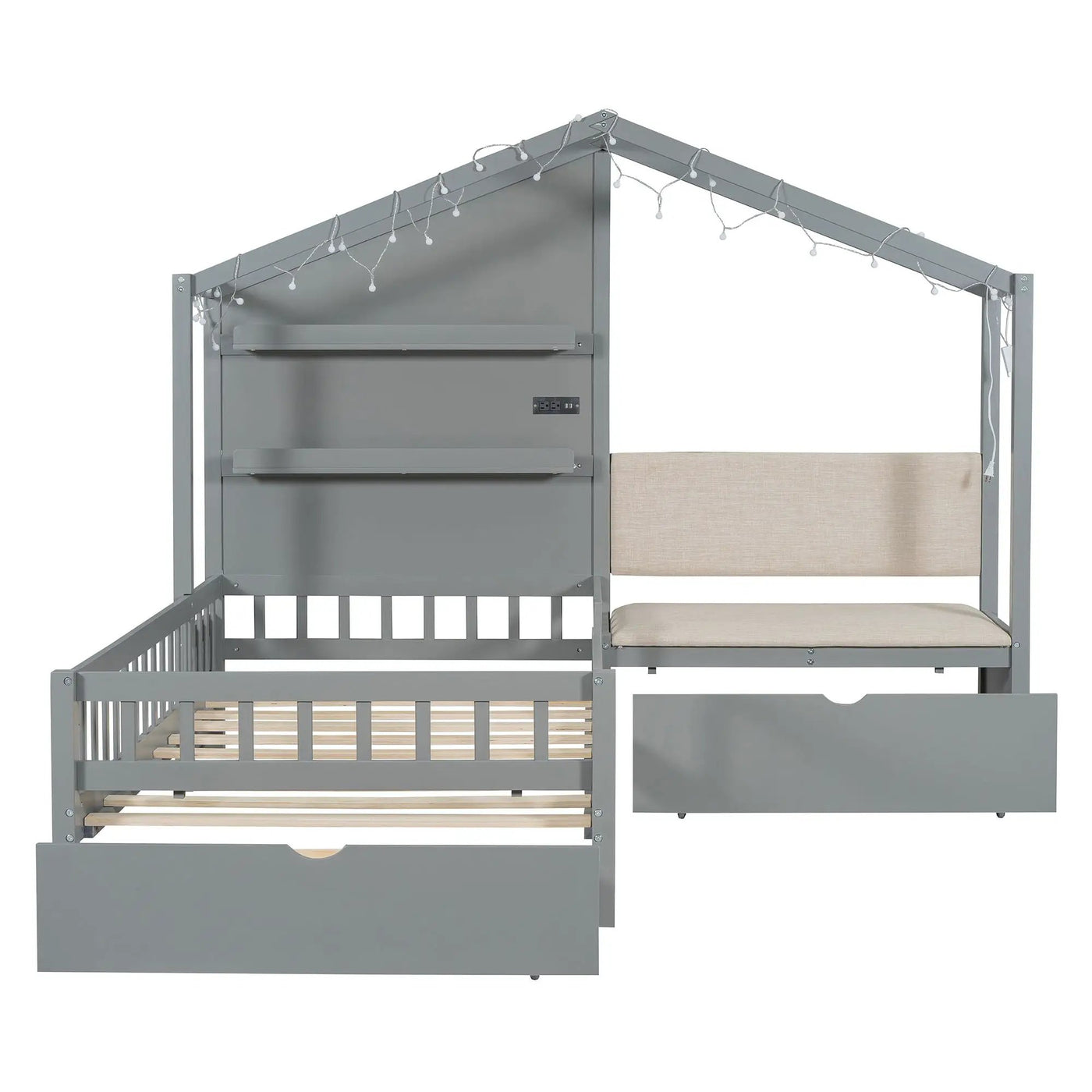 House Bed With Upholstered Sofa, Wireless Charging Station, Shelves And 2 Drawers by Unique Piece Furniture