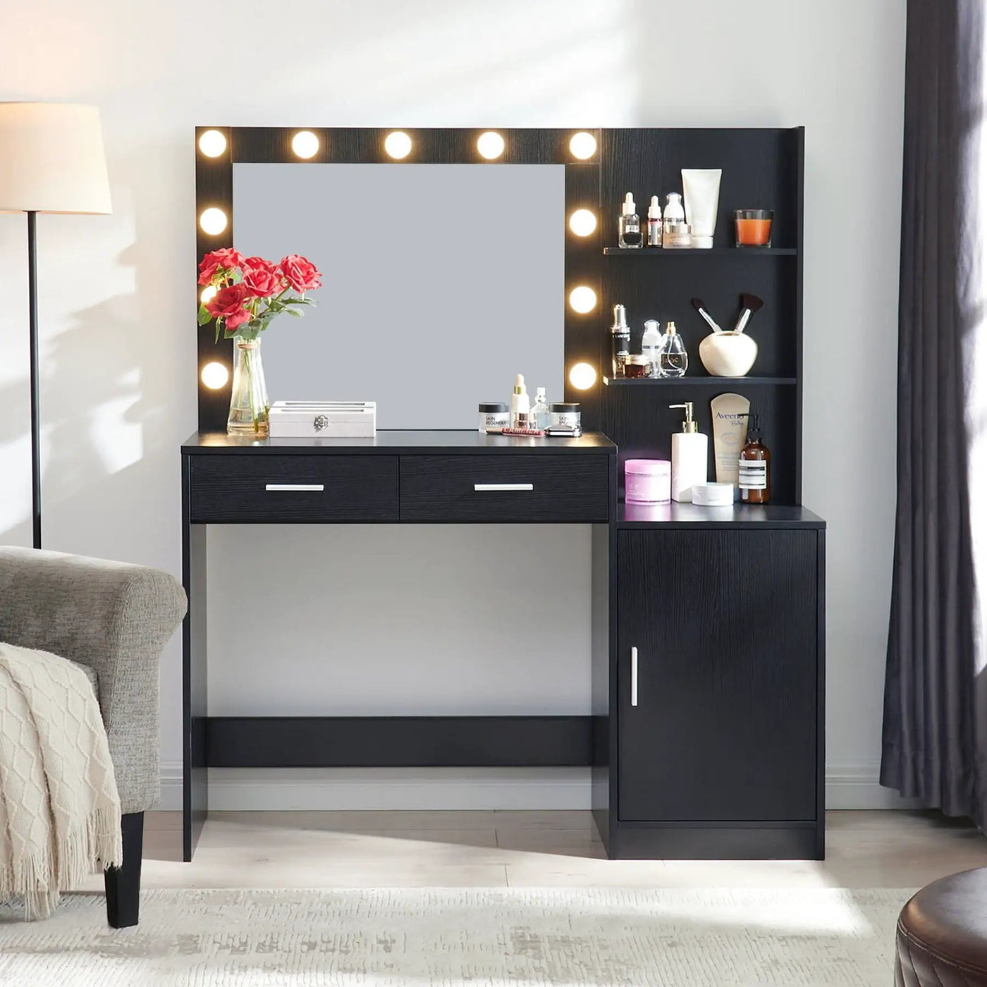 Vanity Desk With Mirror And Lights, 46.4In Dressing Table With 2 Large Drawer & Large Vertical Organizer, 3 Level Dresser & 3 Lighting Modes Adjustable Brightness, Suitable For Bedroom by HouseOfZazla