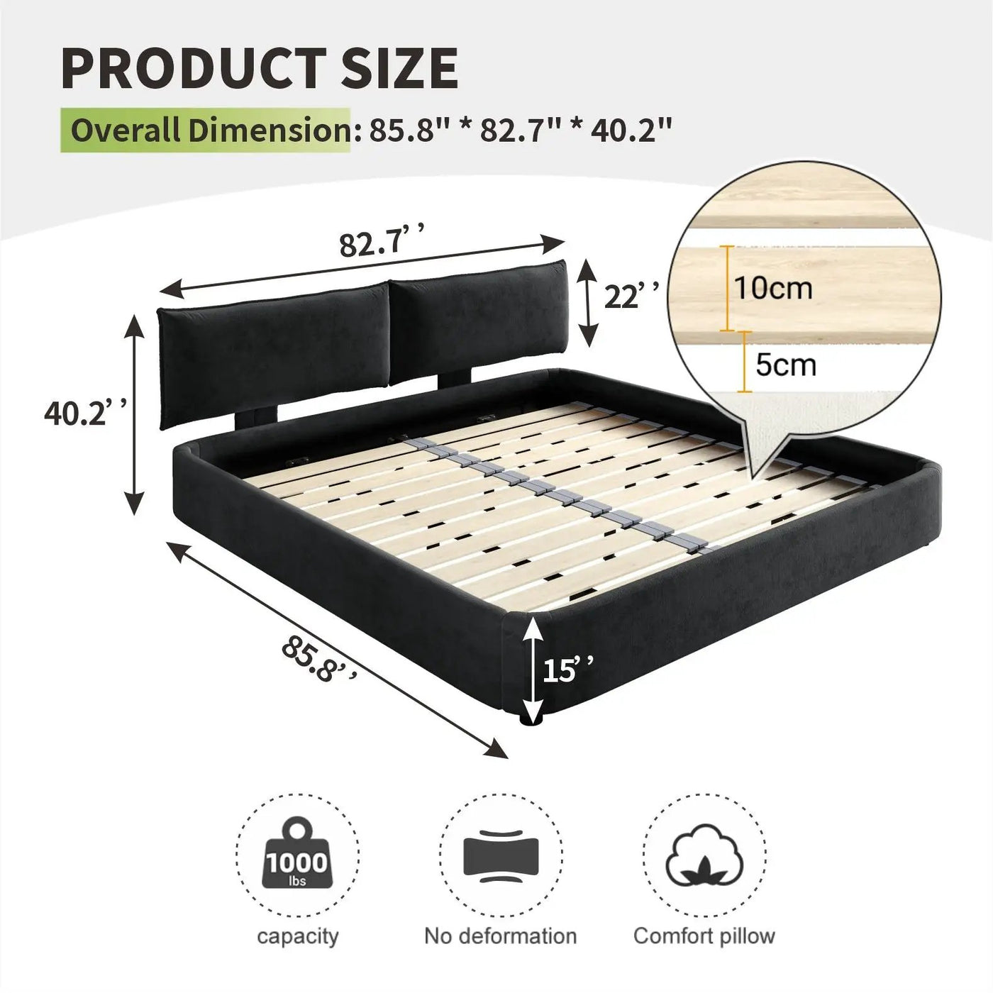 Cloud Bed Frame With Oversized Padded Movable Headboard by HouseOfZazla