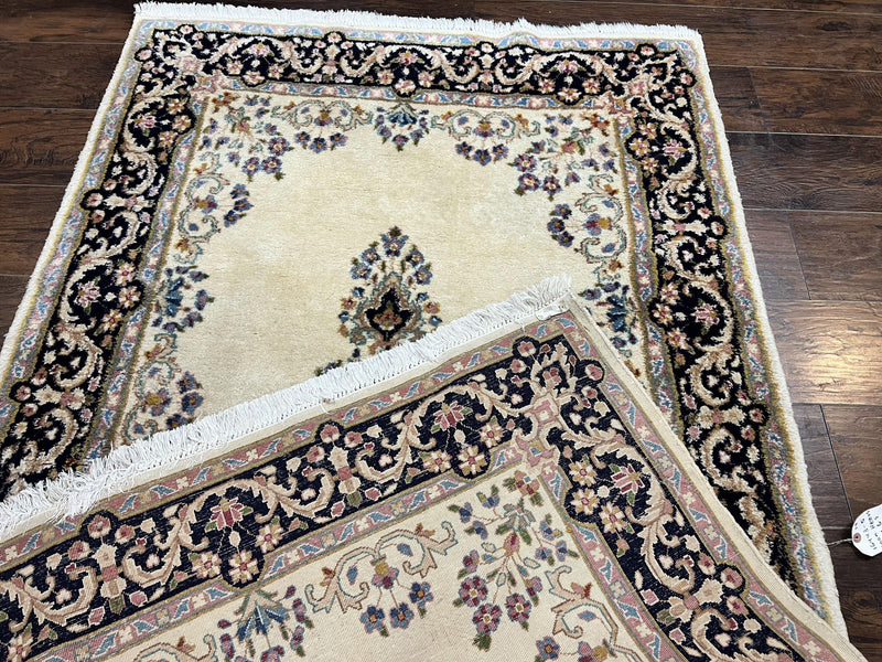 Persian Kirman Rug 4x7, Wool Hand Knotted Antique Carpet, Beige, Semi Open Field Medallion Rug, Traditional Handmade Oriental Rug by Jewel Rugs