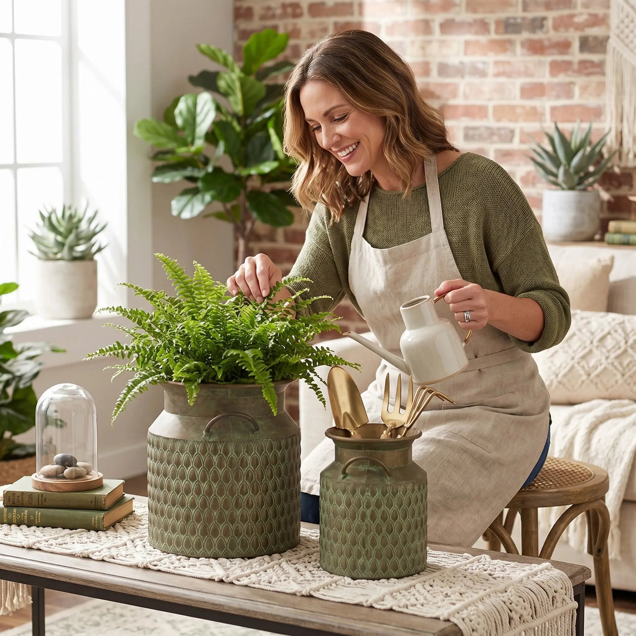 S/2 Iron Milk Jug Planters with Textured Green Finish by HouseOfZazla