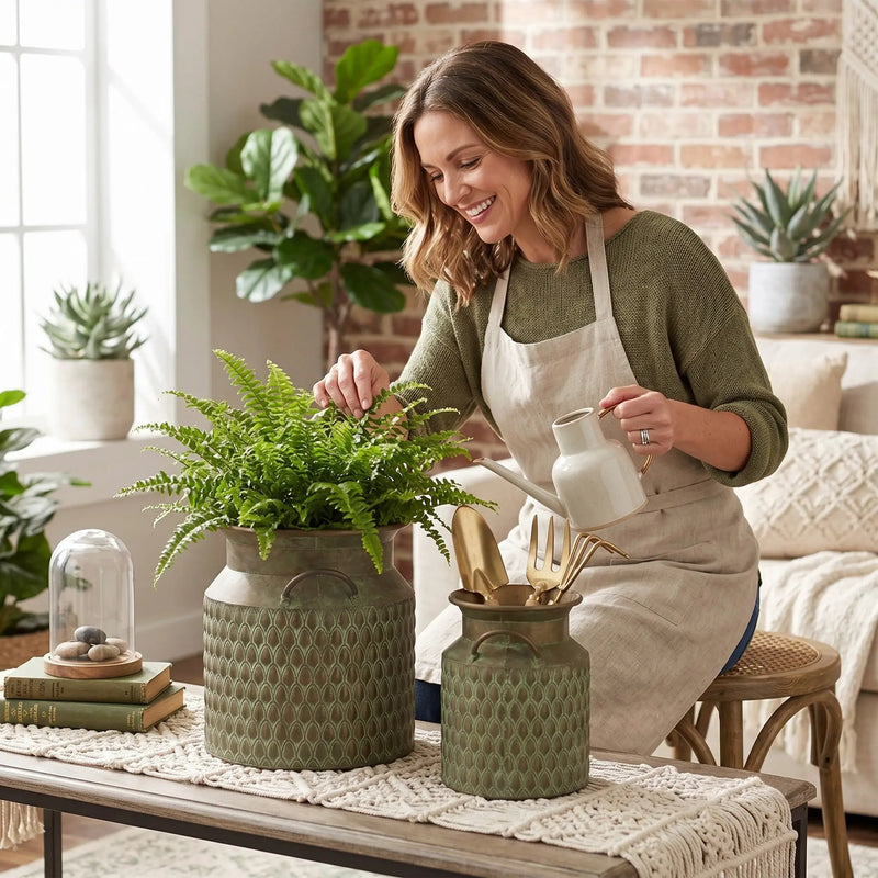 S/2 Iron Milk Jug Planters with Textured Green Finish by HouseOfZazla