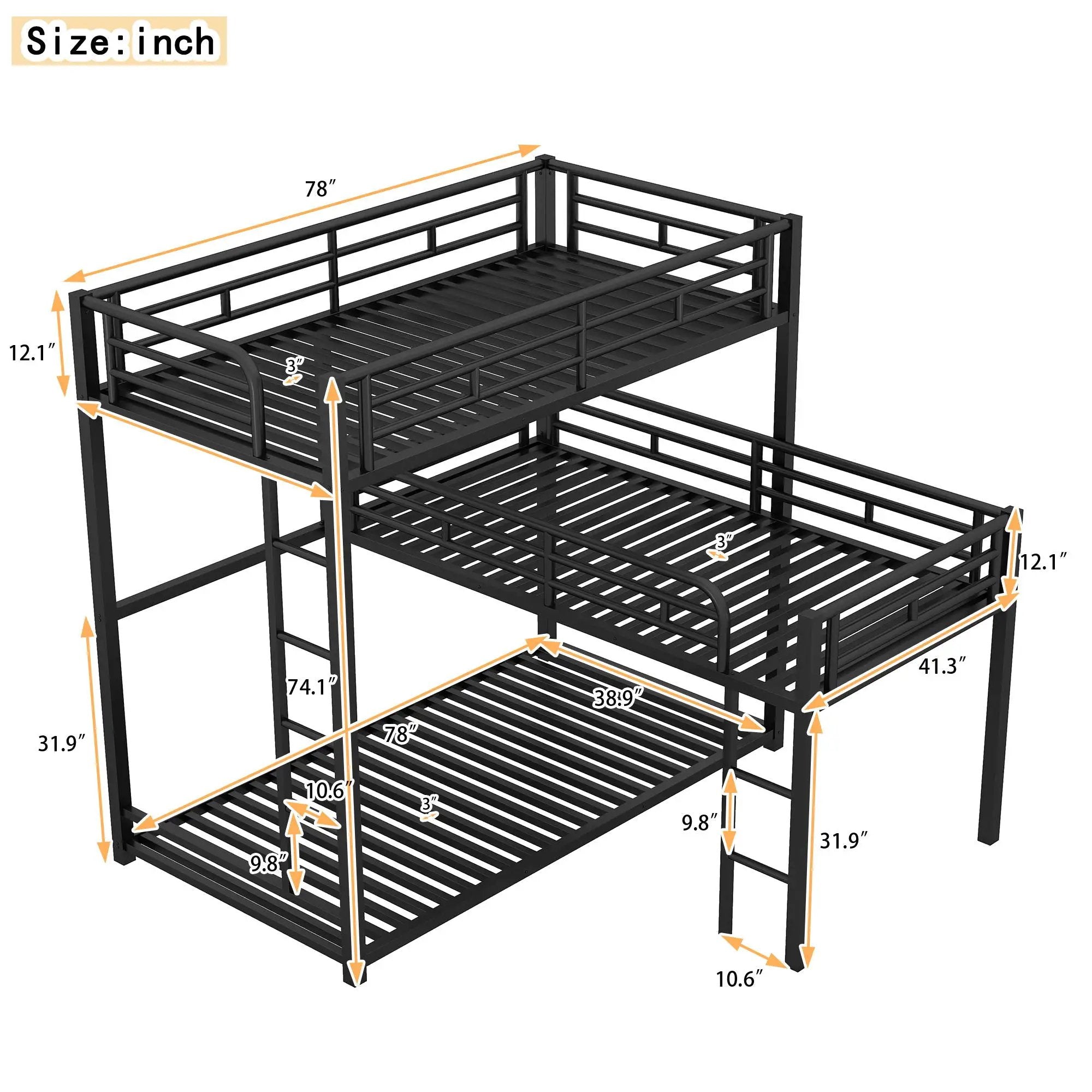 L-Shaped Triple Twin Size Bunk Bed, Industrial Design With Integrated Ladder And Full Length Guardrails - Black by Unique Piece Furniture