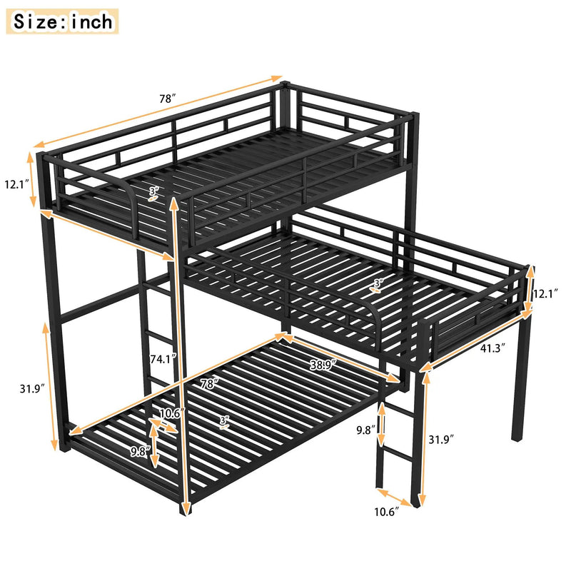L-Shaped Triple Twin Size Bunk Bed, Industrial Design With Integrated Ladder And Full Length Guardrails - Black by HouseOfZazla