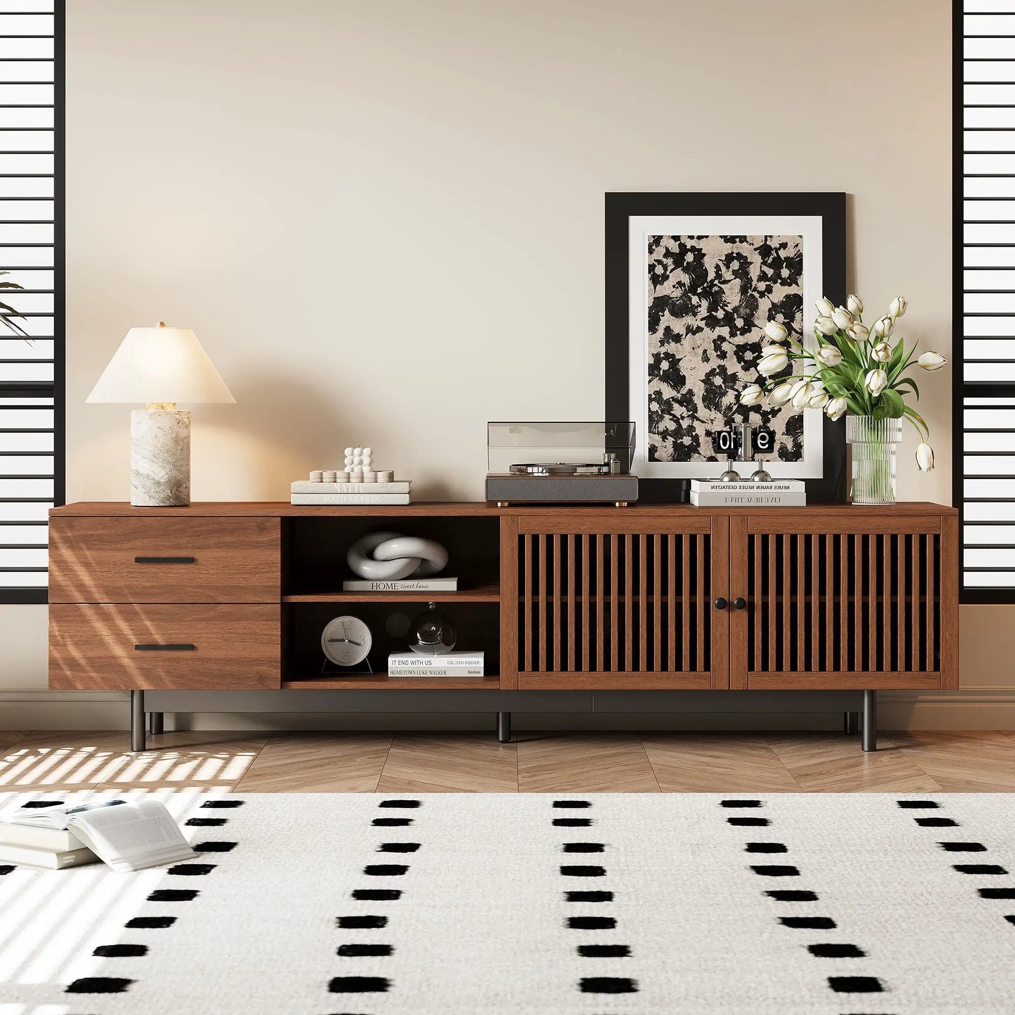 78" TV Stand For TVs Up To 85" Entertainment Center With Deep Drawers & Cable Management, Soft Closing Hinges - Walnut by Unique Piece Furniture