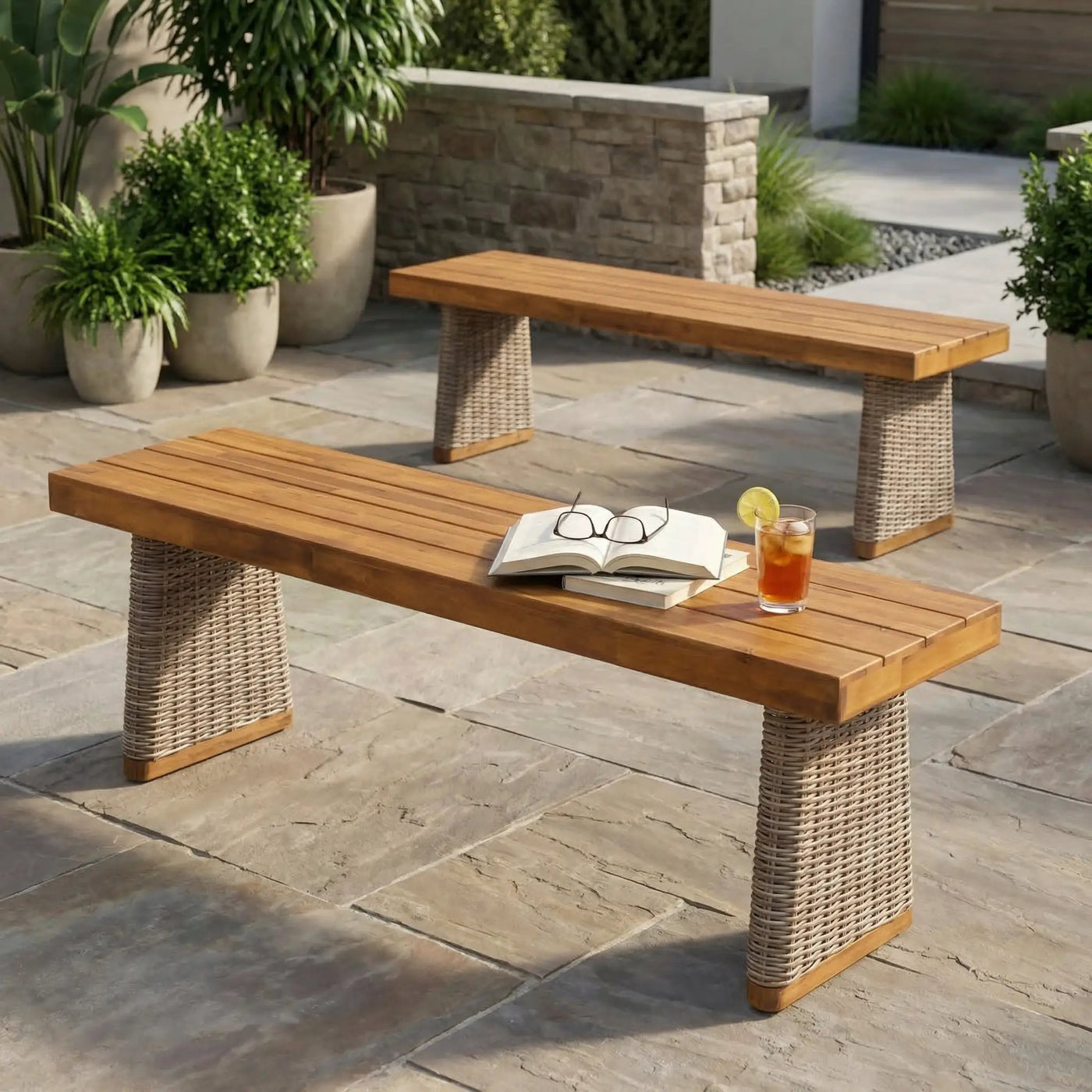 Outdoor Acacia Wood Bench Set of 2 with Teak Finish by HouseOfZazla