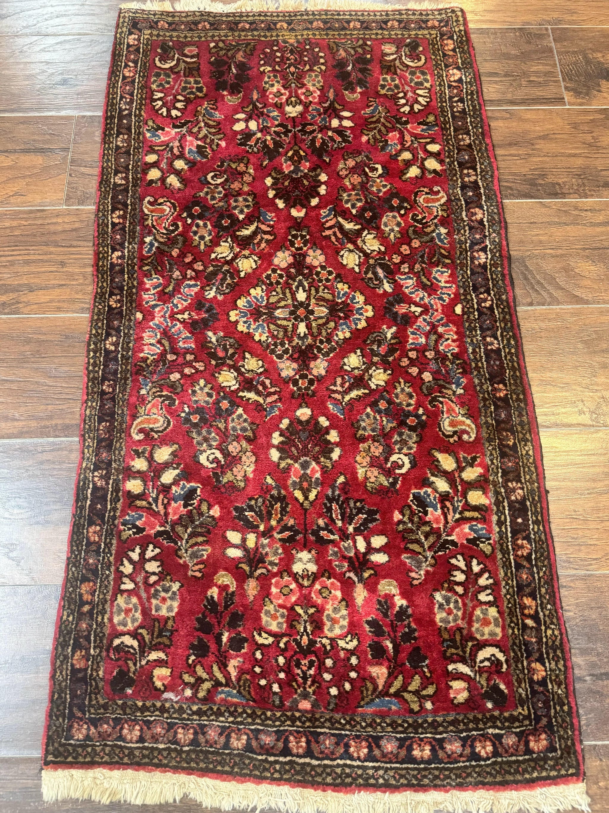 Small Persian Sarouk Rug 2x4, Floral, Red Hand Knotted Wool Traditional Oriental Carpet, Antique Persian Rug 2 x 4 by Jewel Rugs