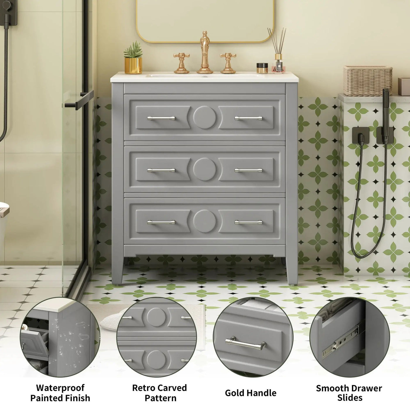 Retro Bathroom Vanity With Sink Combo, Free Standing Single Set With 3 Drawers by HouseOfZazla