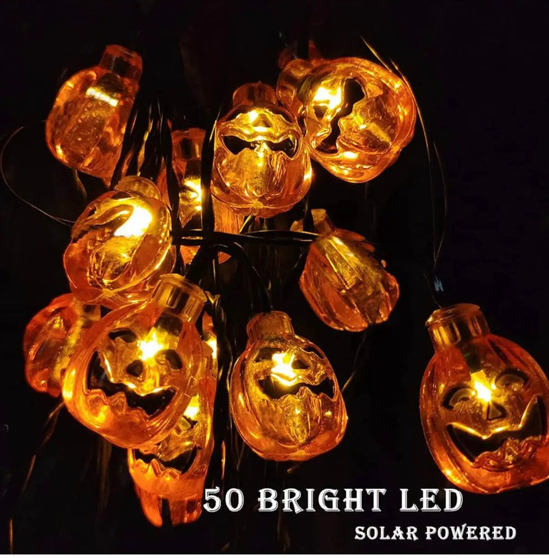 33Ft Solar Powered Pumpkin Halloween String Lights 50 LED with 8 Lighting Modes by Outdoor Solar Outlet