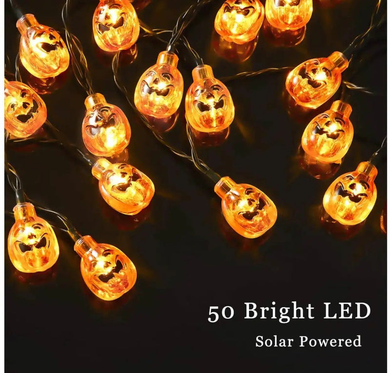 33Ft Solar Powered Pumpkin Halloween String Lights 50 LED with 8 Lighting Modes by Outdoor Solar Outlet
