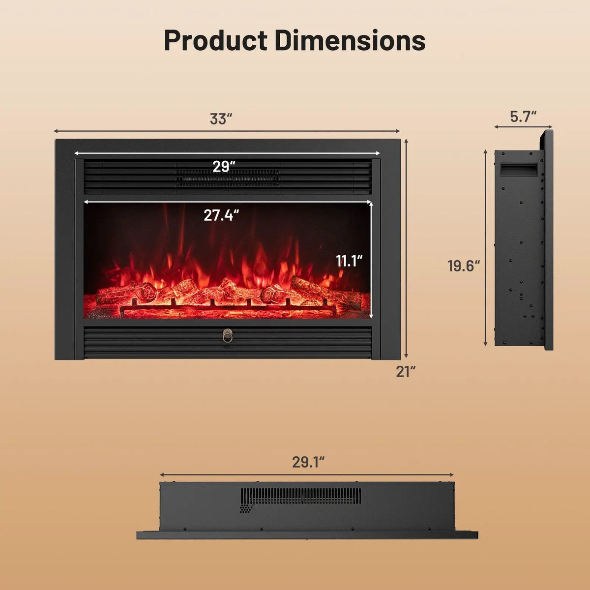 33/36-Inch Electric Fireplace Insert 750W/1500W Recessed Fireplace Heater by DirectDeals