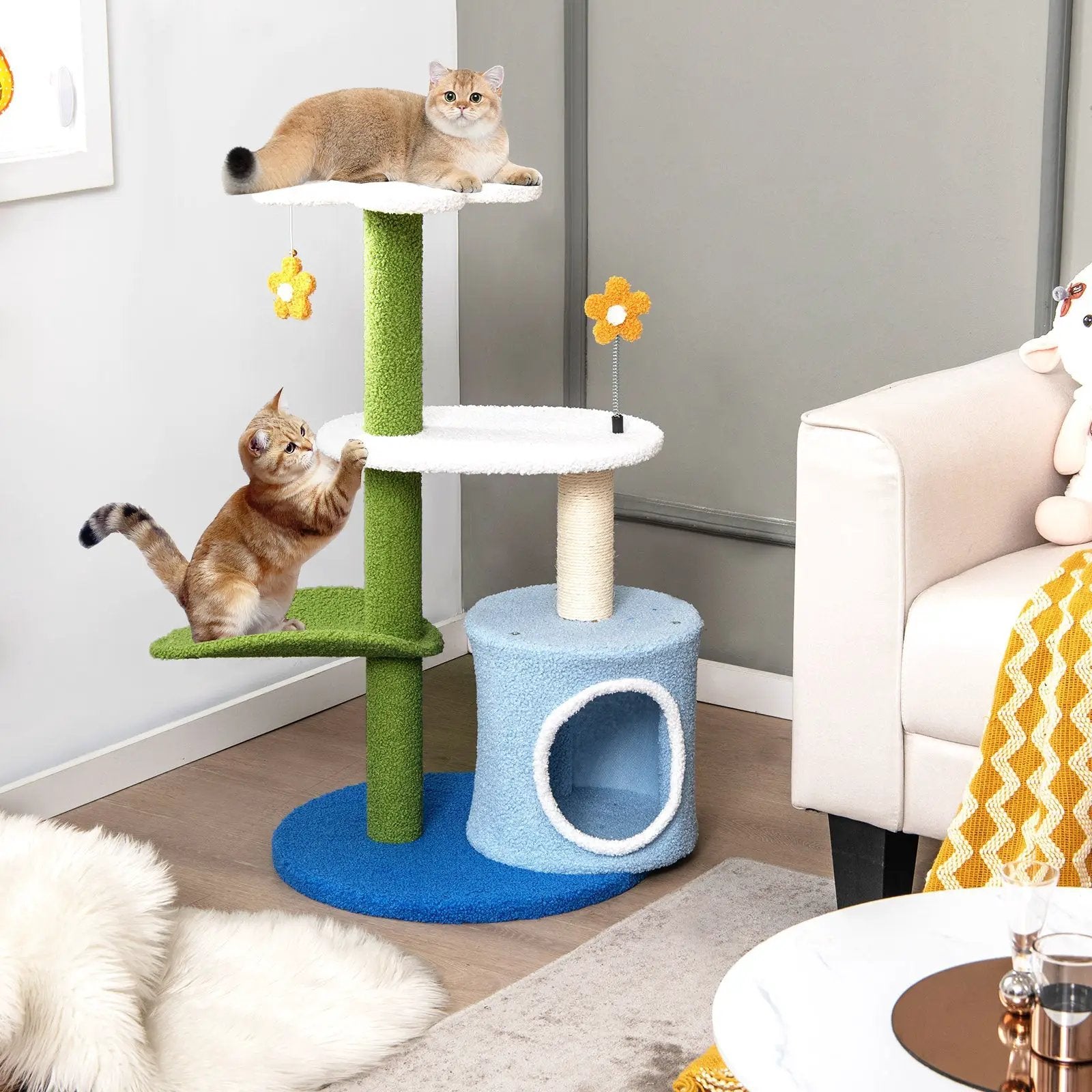 34.5 Inch 4-Tier Cute Cat Tree with Jingling Balls and Condo-Blue by DirectDeals