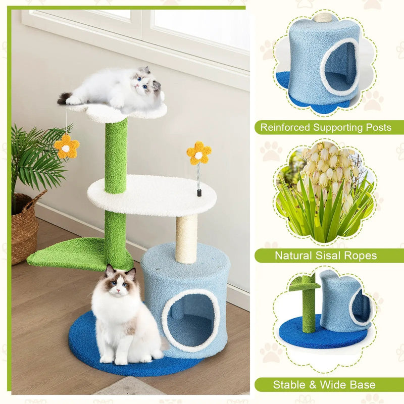 34.5 Inch 4-Tier Cute Cat Tree with Jingling Balls and Condo-Blue by DirectDeals