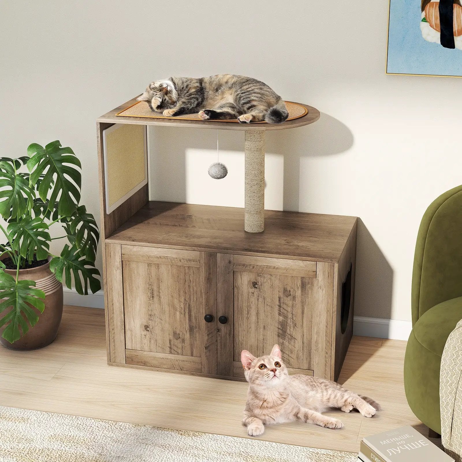34.5 Inch Cat Tree with Litter Box Enclosure with Sisal Scratching Post and Mat-Gray by DirectDeals