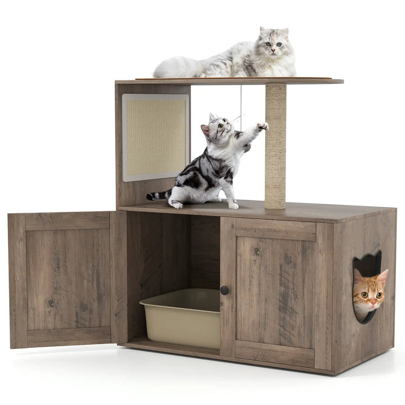 34.5 Inch Cat Tree with Litter Box Enclosure with Sisal Scratching Post and Mat-Gray by DirectDeals