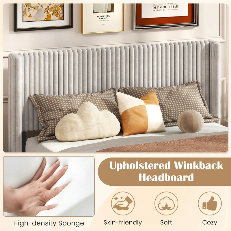 Queen Size Velvet Bed Frame with Vertical Channel Tufted Wingback Headboard-White by DirectDeals