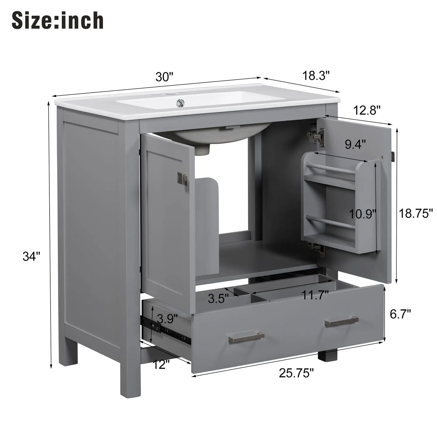 Bathroom Vanity With Single Sink, Combo Cabinet Undermount Sink, Bathroom Storage Cabinet With Two Doors And A Drawer, Soft Closing, Multifunctional Storage, Solid Wood Frame by Unique Piece Furniture