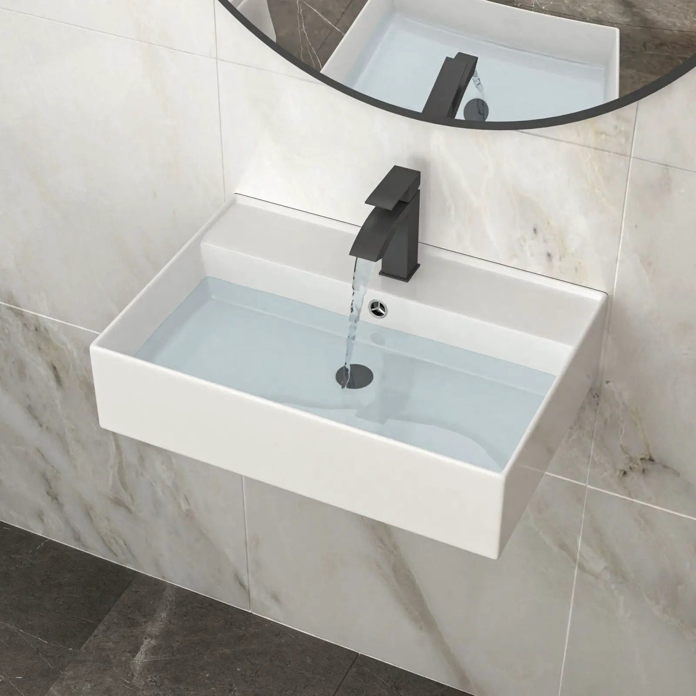 Modern Ceramic Rectangular Wall Mounted Bathroom Sink With Faucet Hole & Overflow by HouseOfZazla