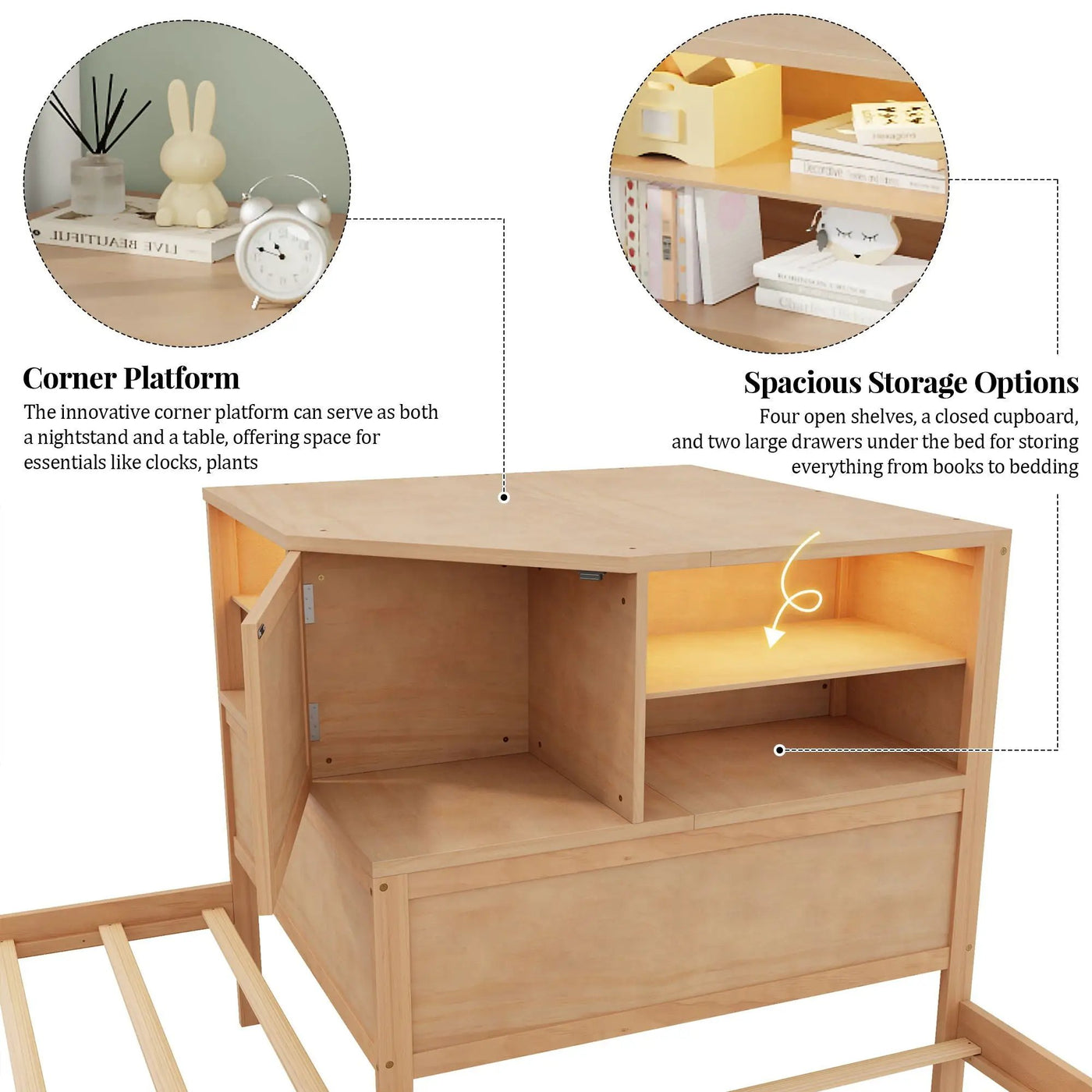 L-Shaped Bed Frame With Trundle, Built In Desk & LED Lighting by HouseOfZazla