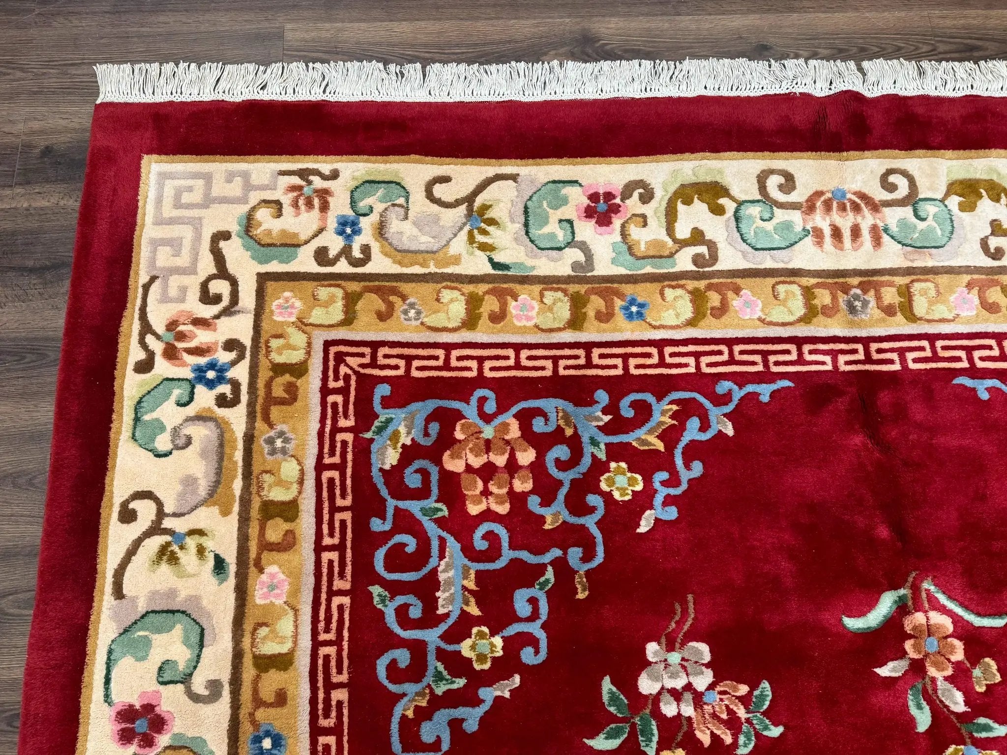 Indo Chinese Wool Rug 9x12, Red Art Deco Carpet, Vintage by Jewel Rugs