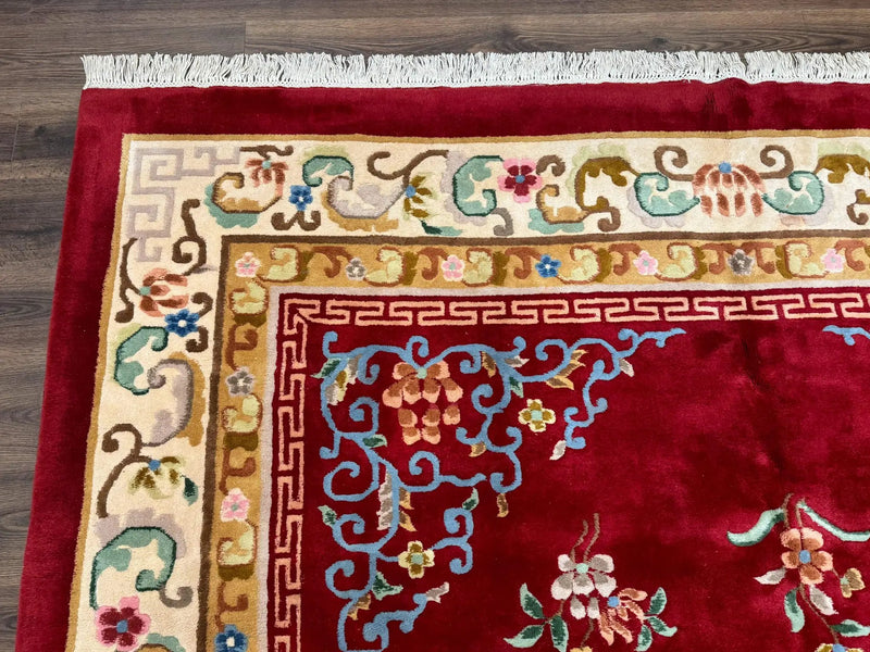 Indo Chinese Wool Rug 9x12, Red Art Deco Carpet, Vintage by Jewel Rugs