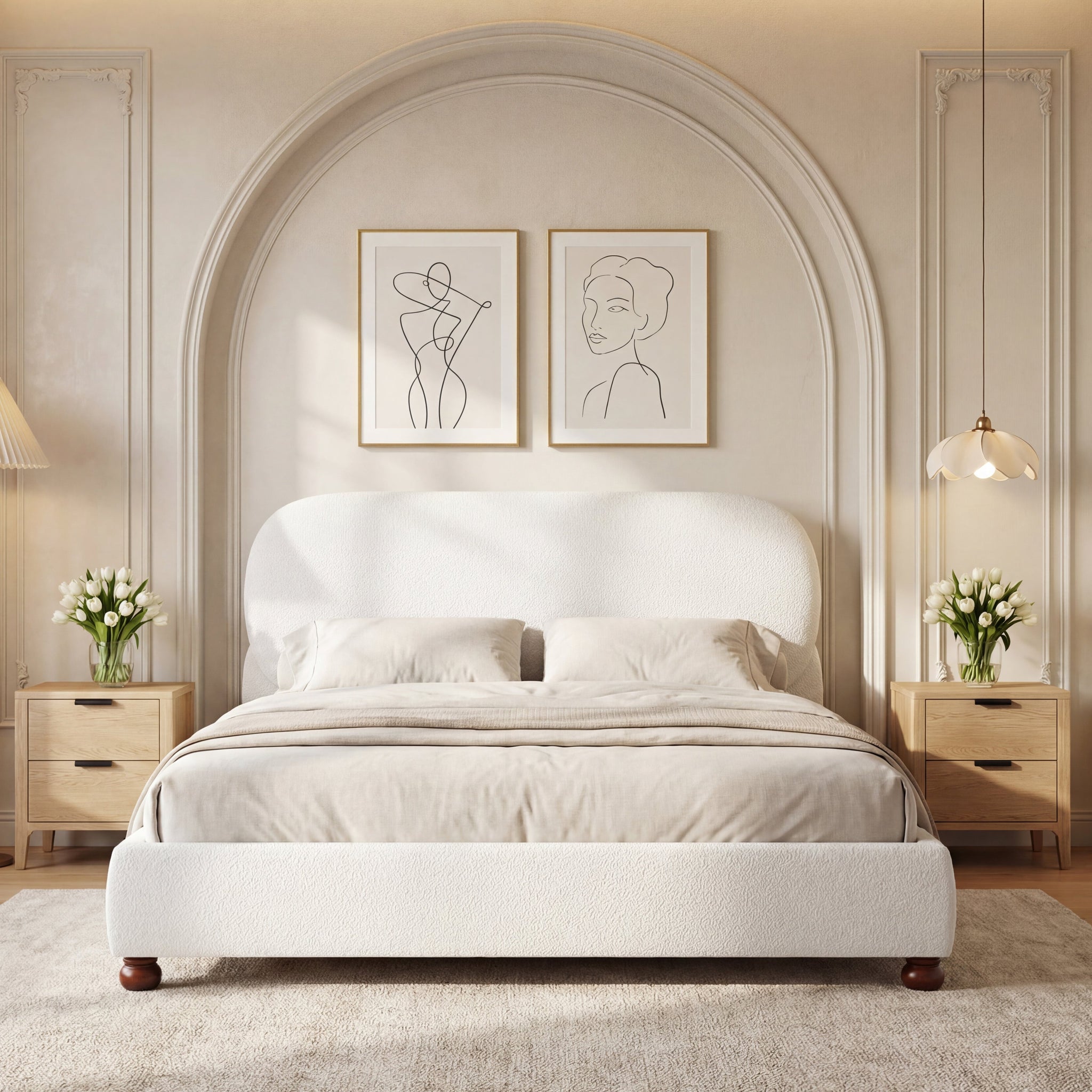 Cream-Colored Boucle Upholstered Bed with Rubber Wood Foot, King by HouseOfZazla