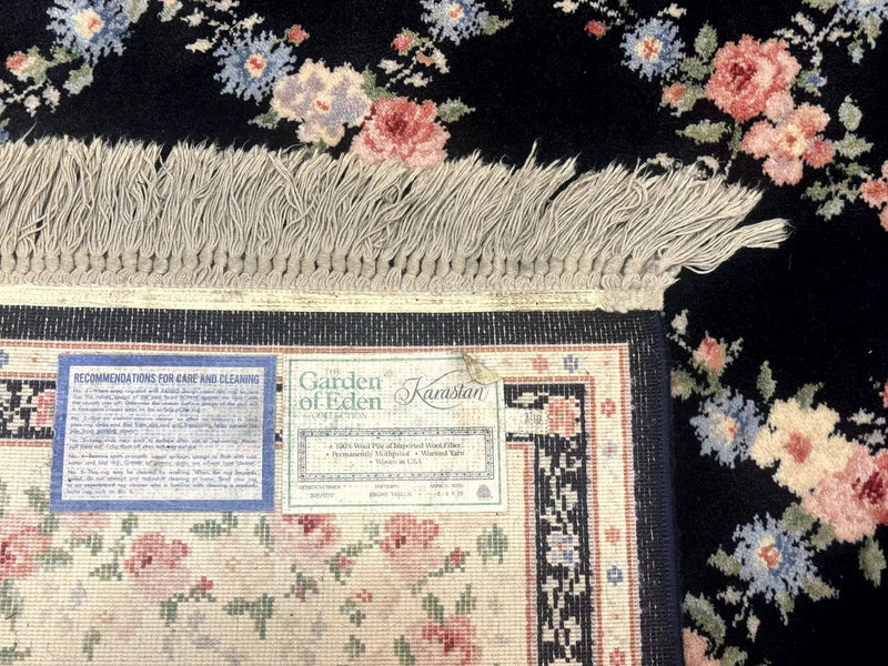 8.8 x 12 Karastan Garden of Eden Rug, Ebony Trellis #509/1270, Black, Floral, Wool Pile, Vintage, Discontinued by Jewel Rugs
