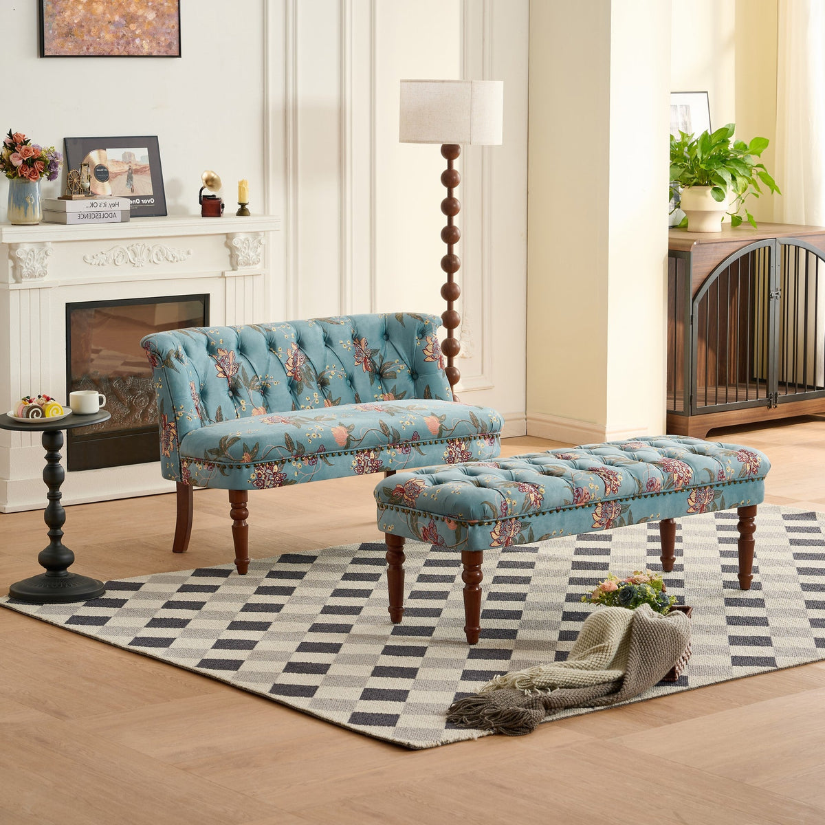 Floral Tufted Sofa Chair with Solid Wood Legs - Wine Red, Green, or Tiffany Blue, photo 3 of 10