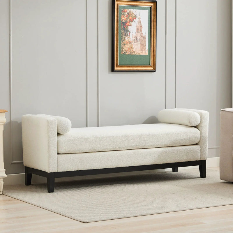 Elegant Upholstered Bench, Daybed, Ottoman With Wood Legs & Bolster Pillows - Ivory Boucle by Unique Piece Furniture
