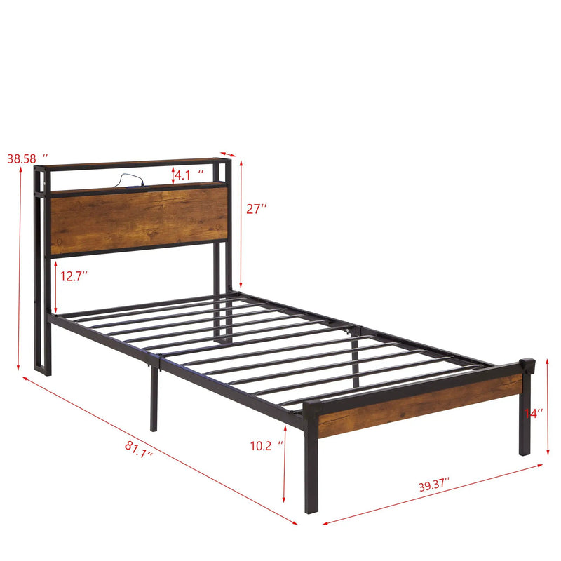Twin Size Platform Bed Frame, LED Lights With Remote Control, USB Charging Port, Large Under Bed Storage - Black / Brown by Unique Piece Furniture