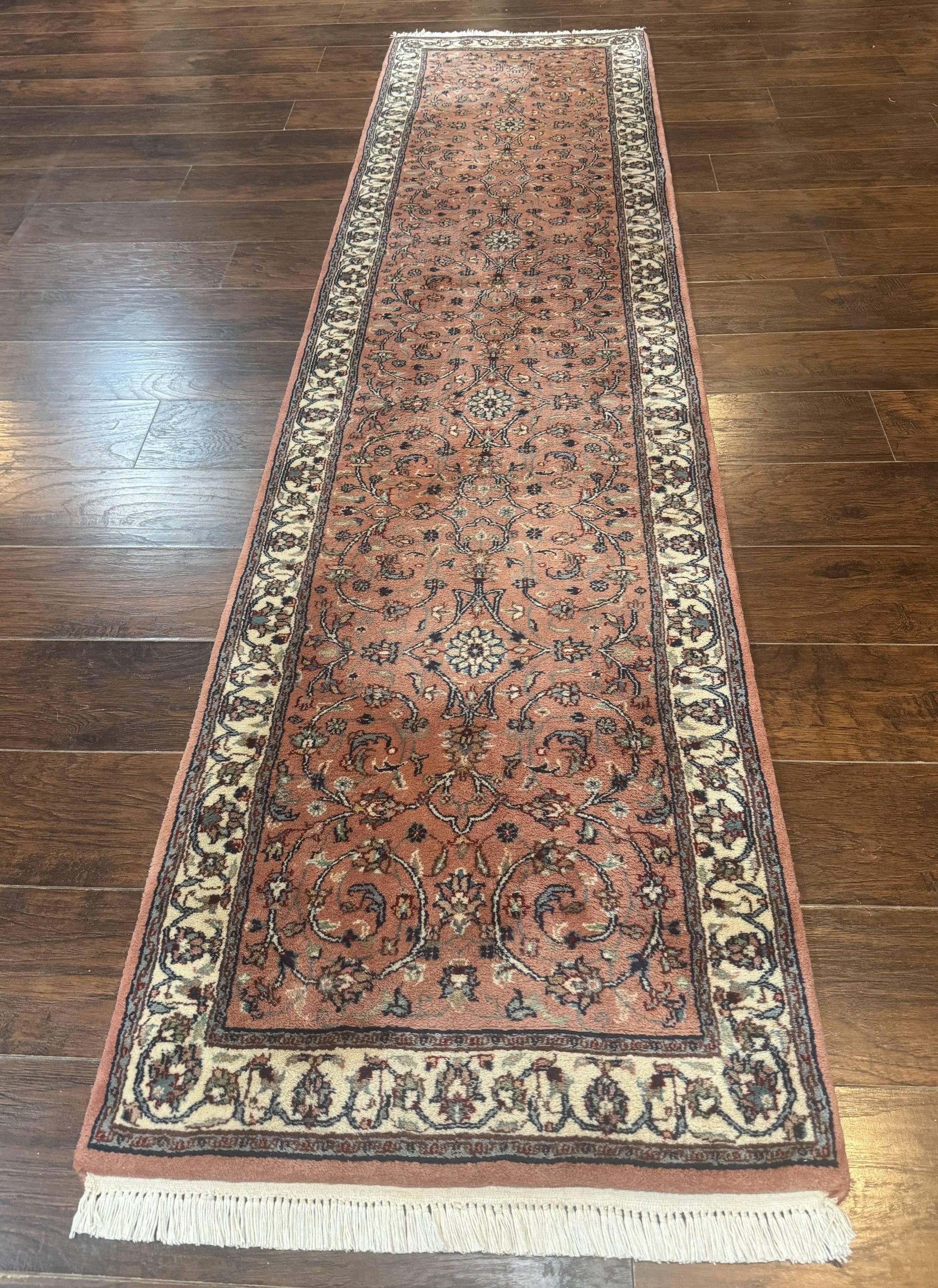 Indo Persian Runner Rug 2.6 x 10, Coral and Cream, Hand Knotted 10ft Wool Oriental Runner for Hallway or Kitchen by Jewel Rugs