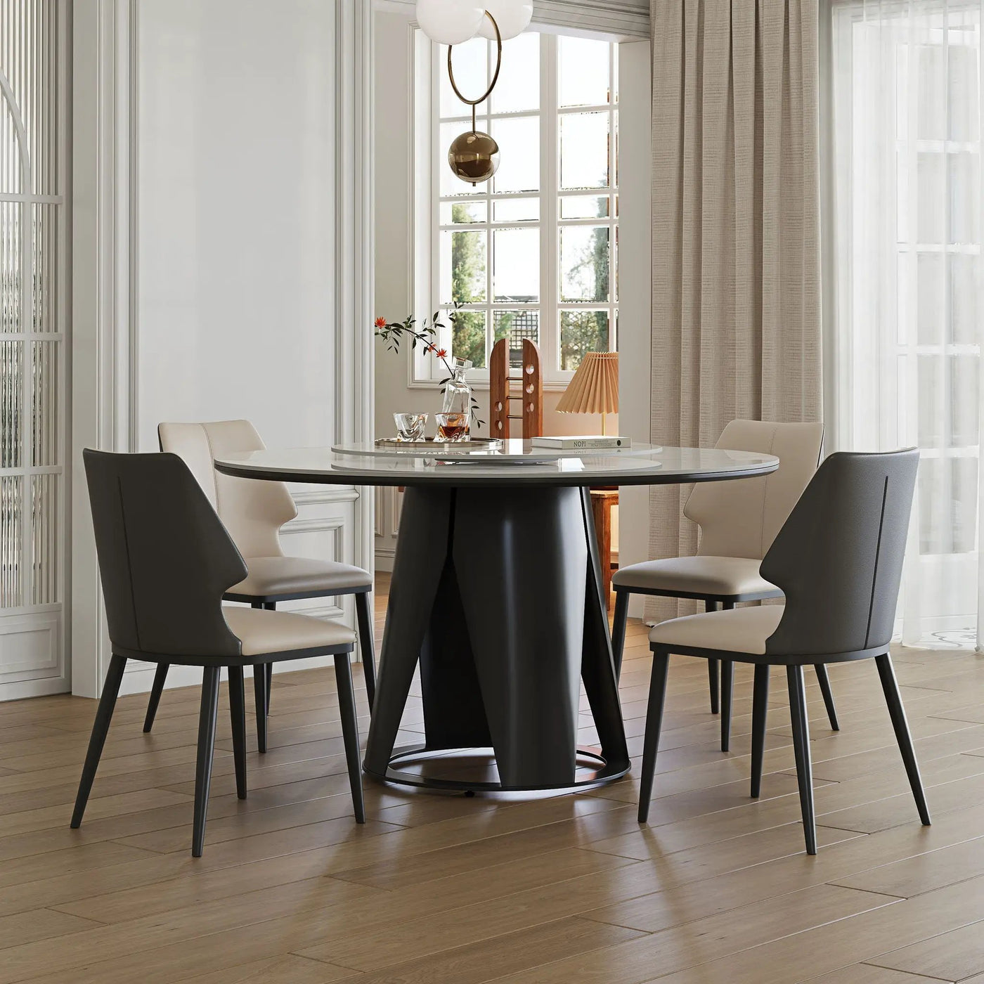 Modern Sintered Stone Dining Table With Round Turntable, Metal Pedestal, And Chairs by HouseOfZazla