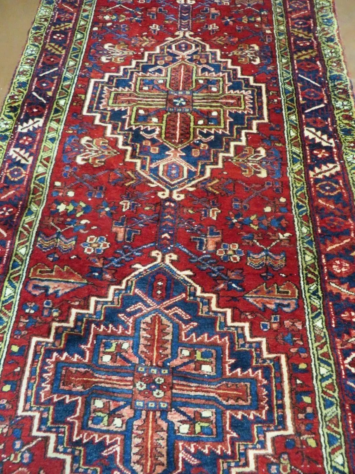 Persian Runner Rug, Heriz Runner Rug, Geometric Medallions, Red Cream Navy Blue Wool Hallway Rug 3.9 x 10.8 Antique Oriental Runner Handmade by Jewel Rugs