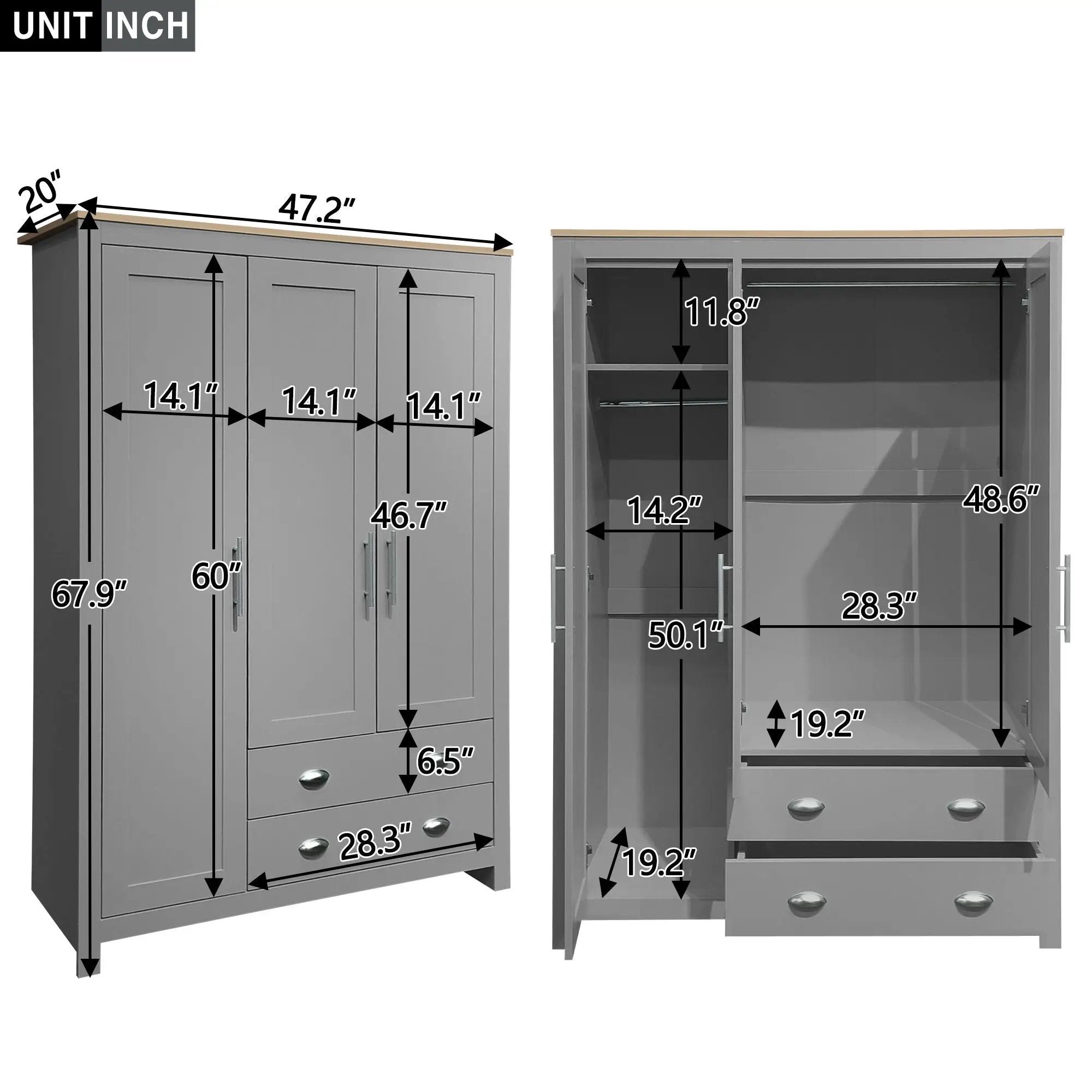 3 Door Storage Wardrobe With Cabinets And 2 Hanging Rods - Gray by Unique Piece Furniture