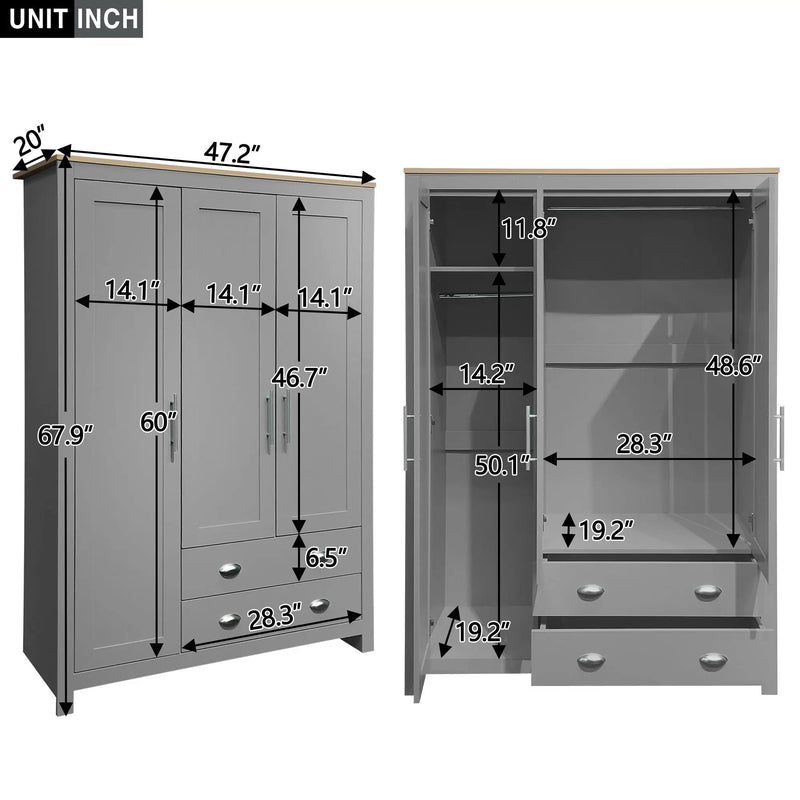 3 Door Storage Wardrobe With Cabinets And 2 Hanging Rods - Gray by Unique Piece Furniture