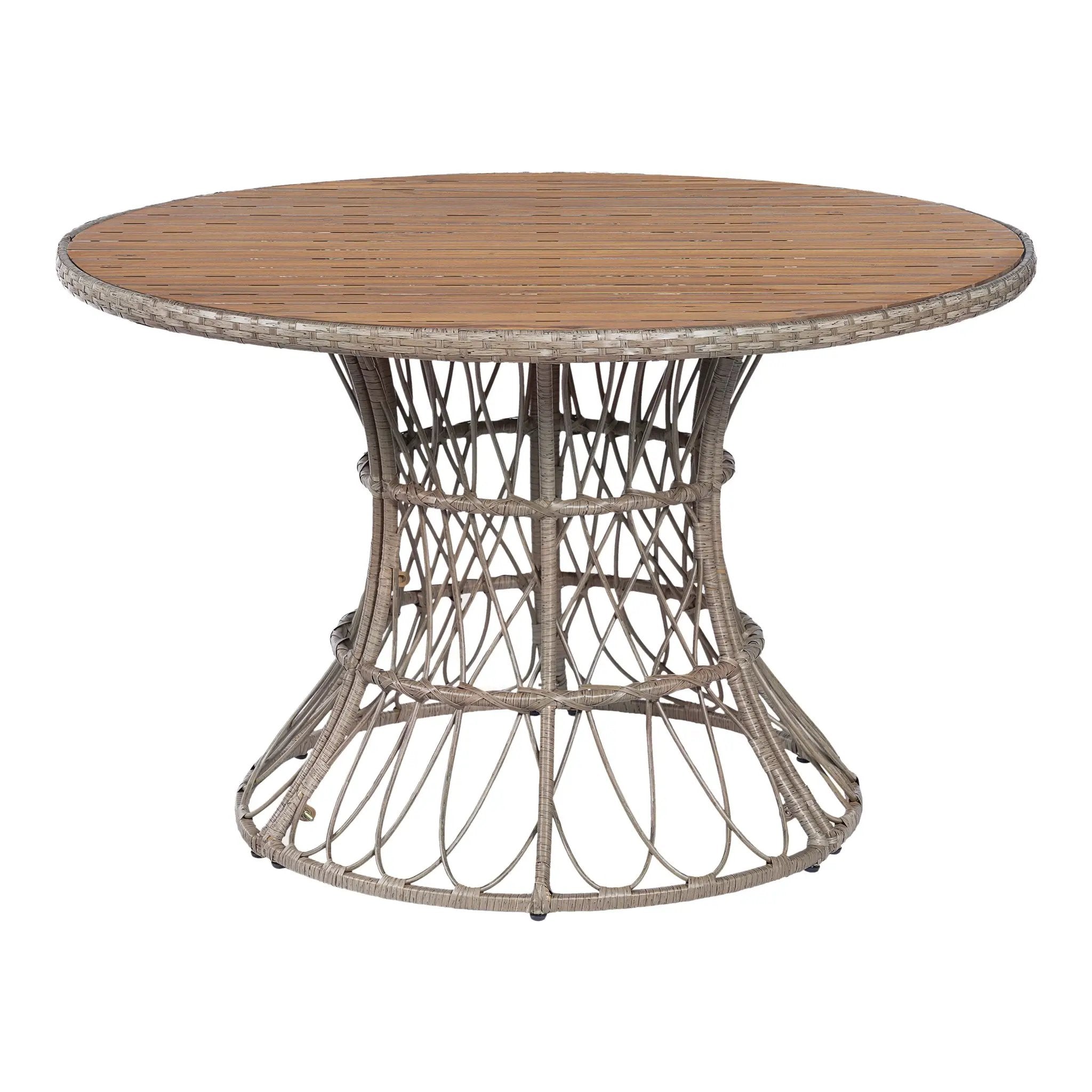 5-Piece Outdoor Dining Set: Brown Round Acacia Wood Table & 4 Brown Wicker Armchairs by HouseOfZazla