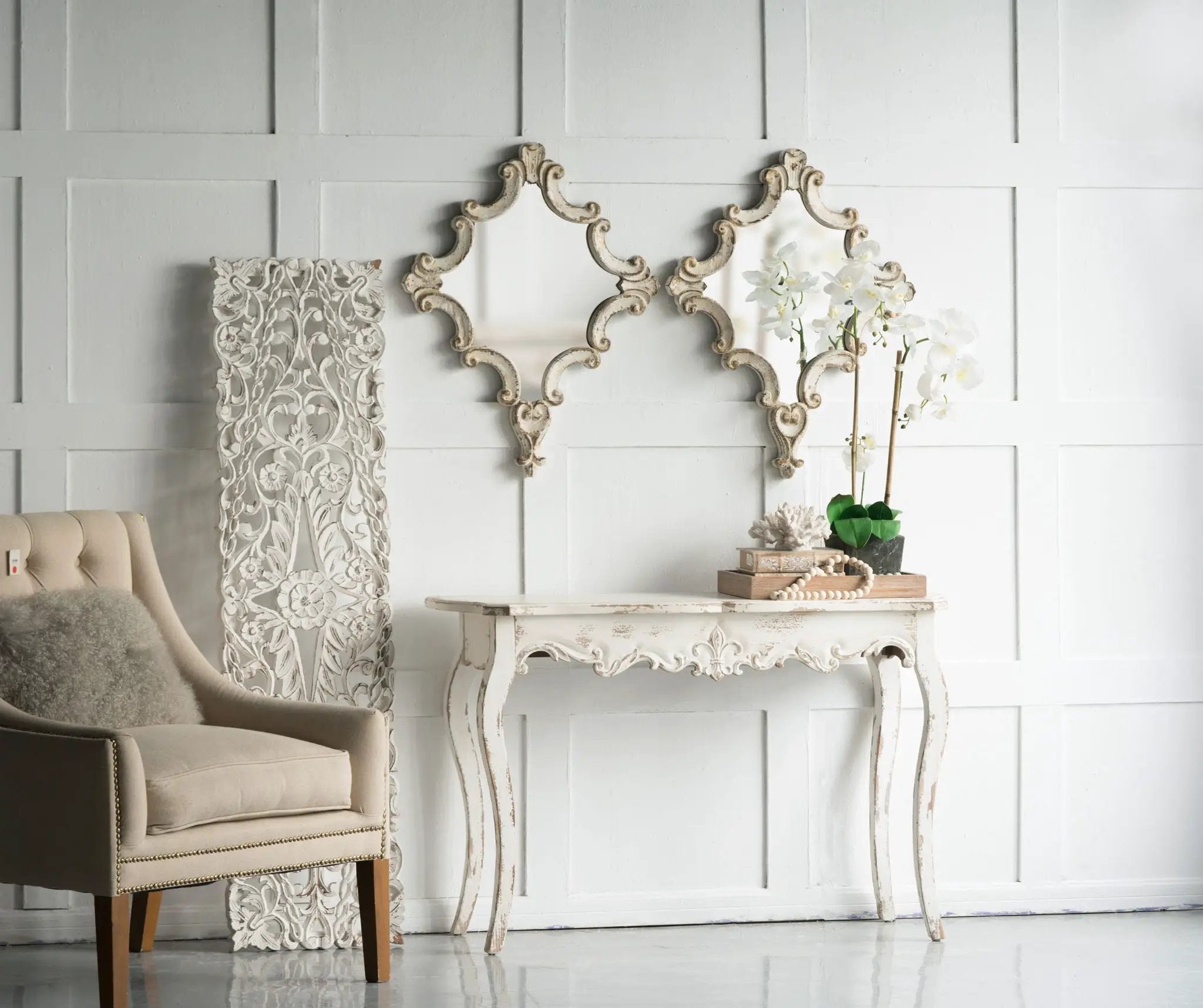 Artistic Diamond Scrollwork Mirror, Home Accent Mirror For Living Room, Entryway, Bedroom, Office - Antique White by HouseOfZazla