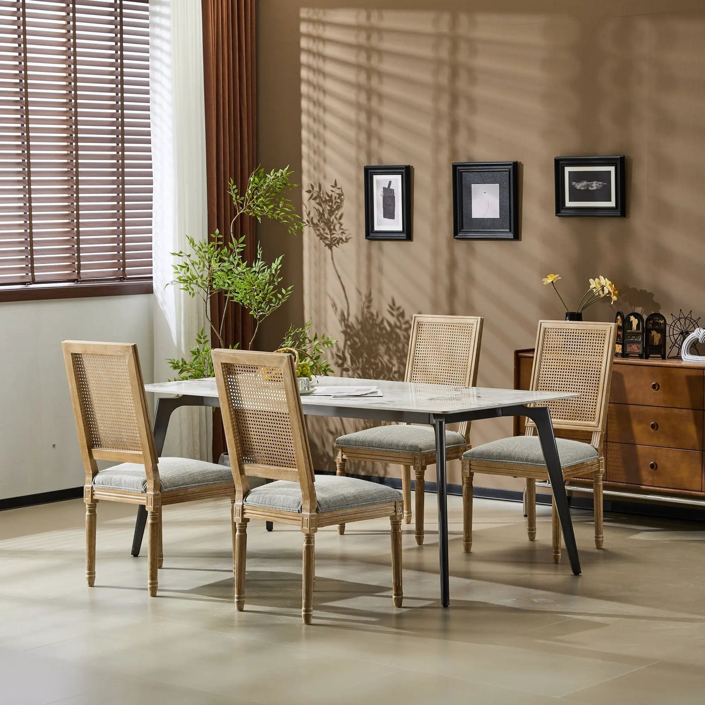 French Country Dining Chair With Rectangular Cane Backrest And Smooth Upholstered Seating by HouseOfZazla